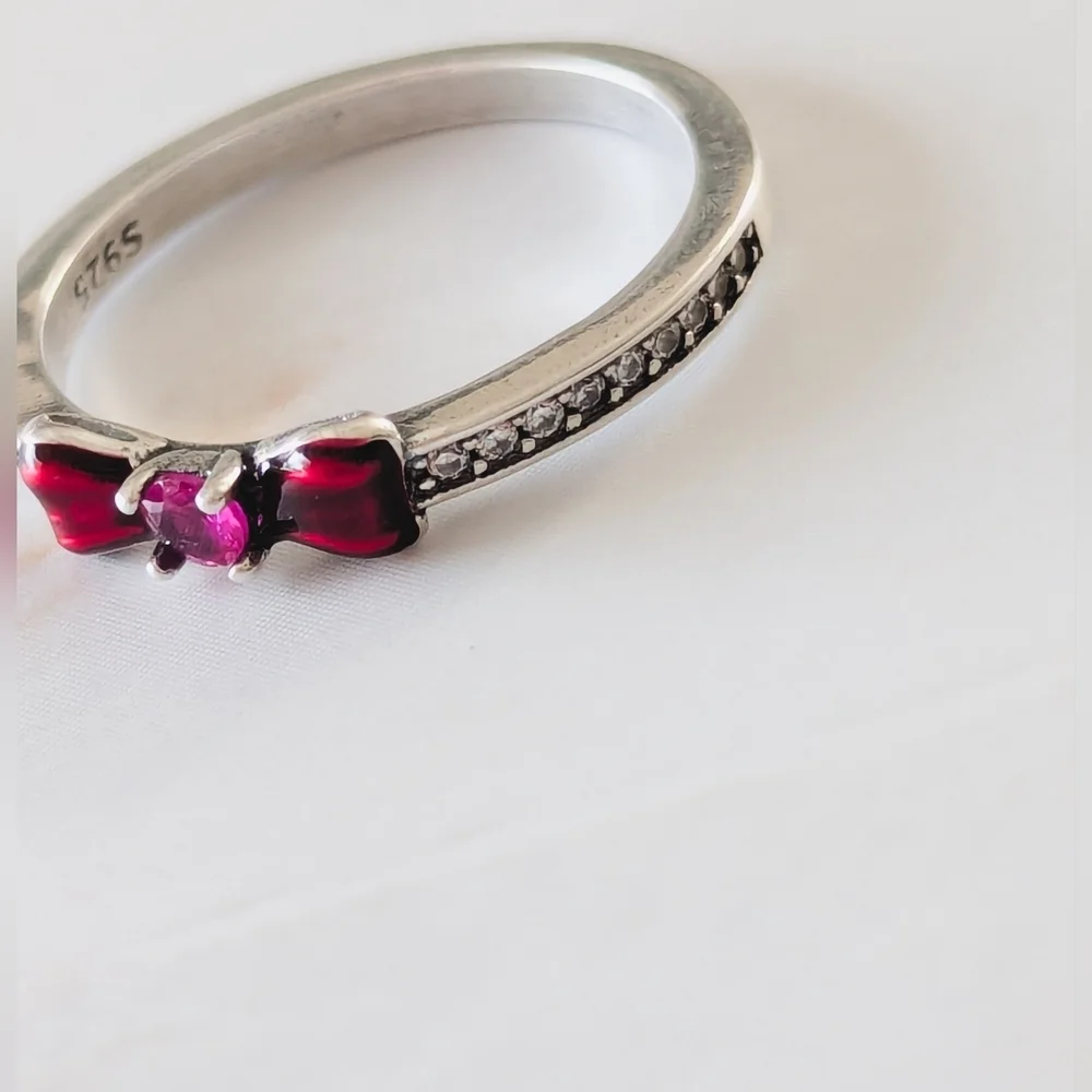 925 Sterling Silver Red Bow Ring Dainty Crystal Coquette Jewelry Size 6.5